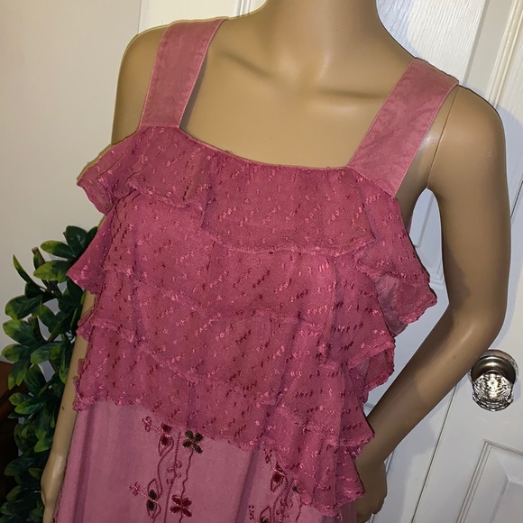 Dusty rose embroidered ruffles boho hippie sundress dress M as is - Picture 3 of 14